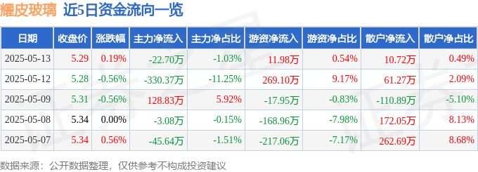 股票行情快报：耀皮玻璃（600819）5月13日主力资金净卖出2270万元(图1)