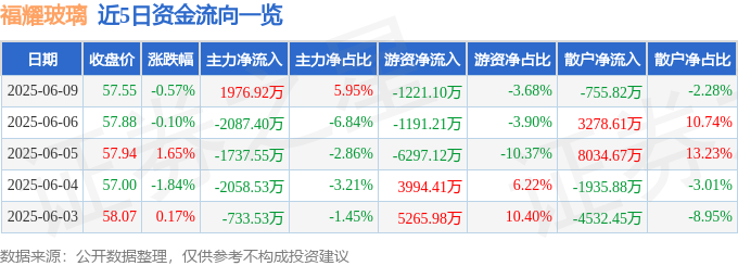 福耀玻璃（600660）6月9日主力资金净买入197692万元(图1)