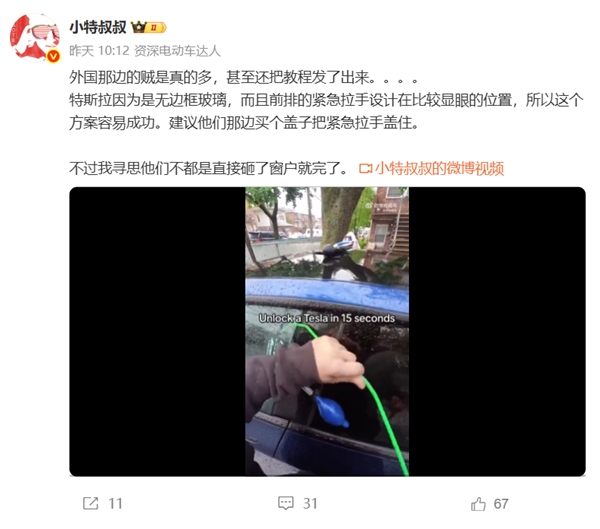 网友发布15秒偷开特斯拉车门教程：无边框玻璃和应急把手位置是硬伤(图1)