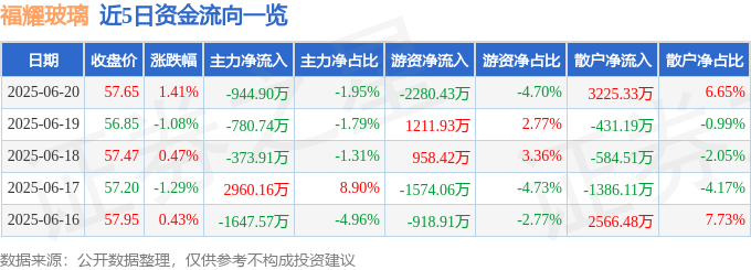 福耀玻璃（600660）6月20日主力资金净卖出94490万元(图1)
