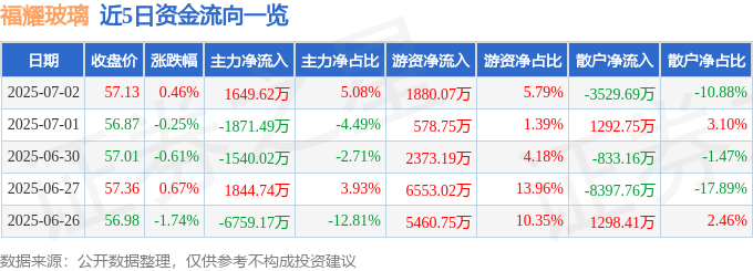 股票行情快报：福耀玻璃（600660）7月2日主力资金净买入164962万元(图1)