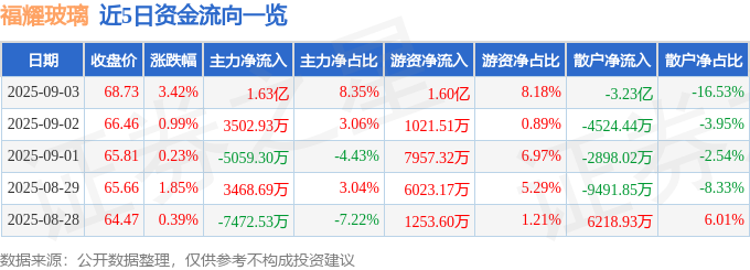 福耀玻璃（600660）9月3日主力资金净买入163亿元
