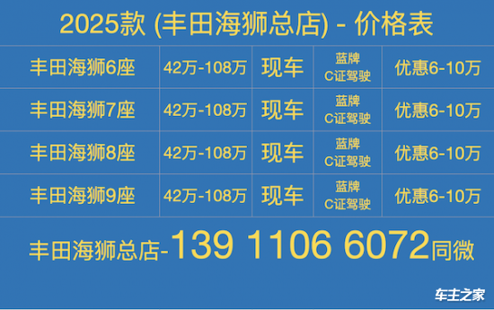 丰田海狮4S店2026款7座全隔断 隐私玻璃报价（42~85万 现车）(图3)